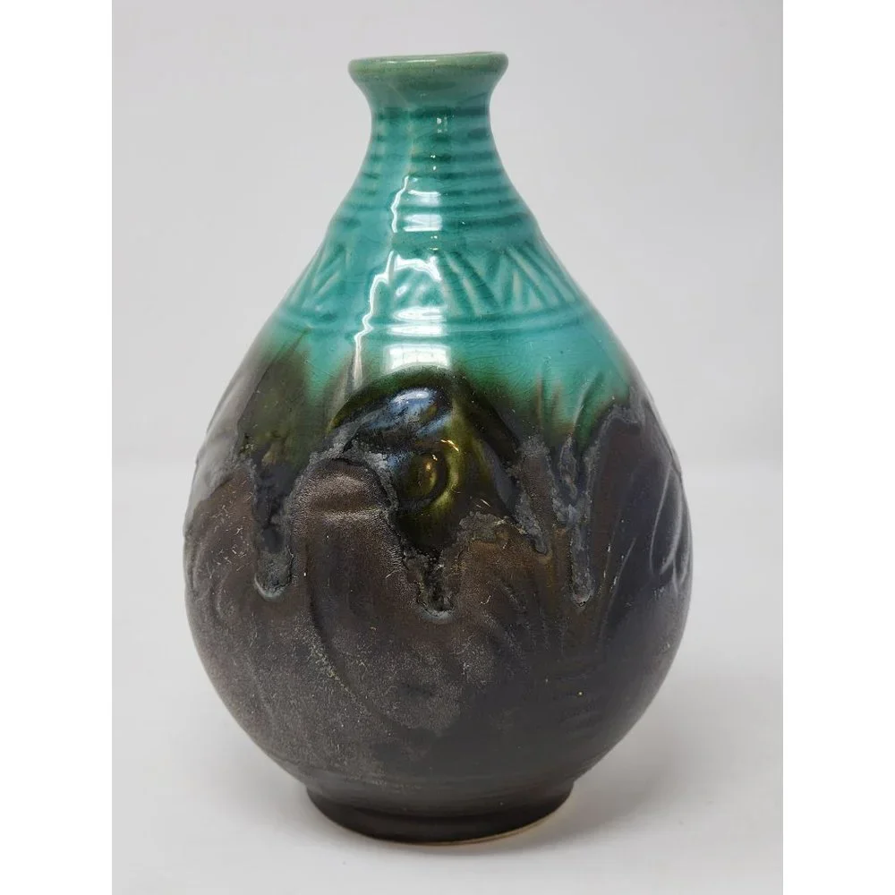 Vintage Drip‎ Glaze Vase Matte Chocolate And Turquoise